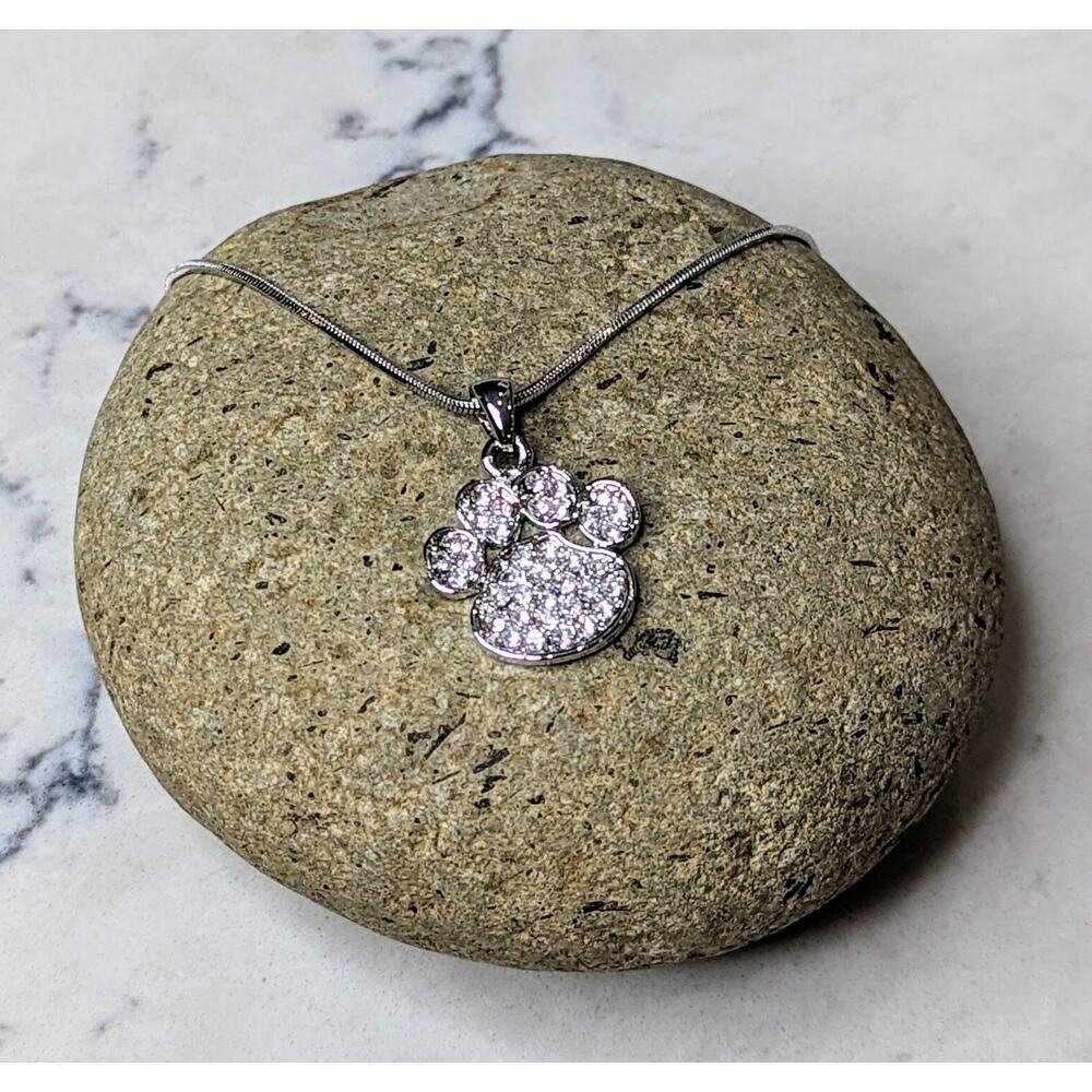 Animal Paw Print Necklace White Gold Plated Pendant with Crystals